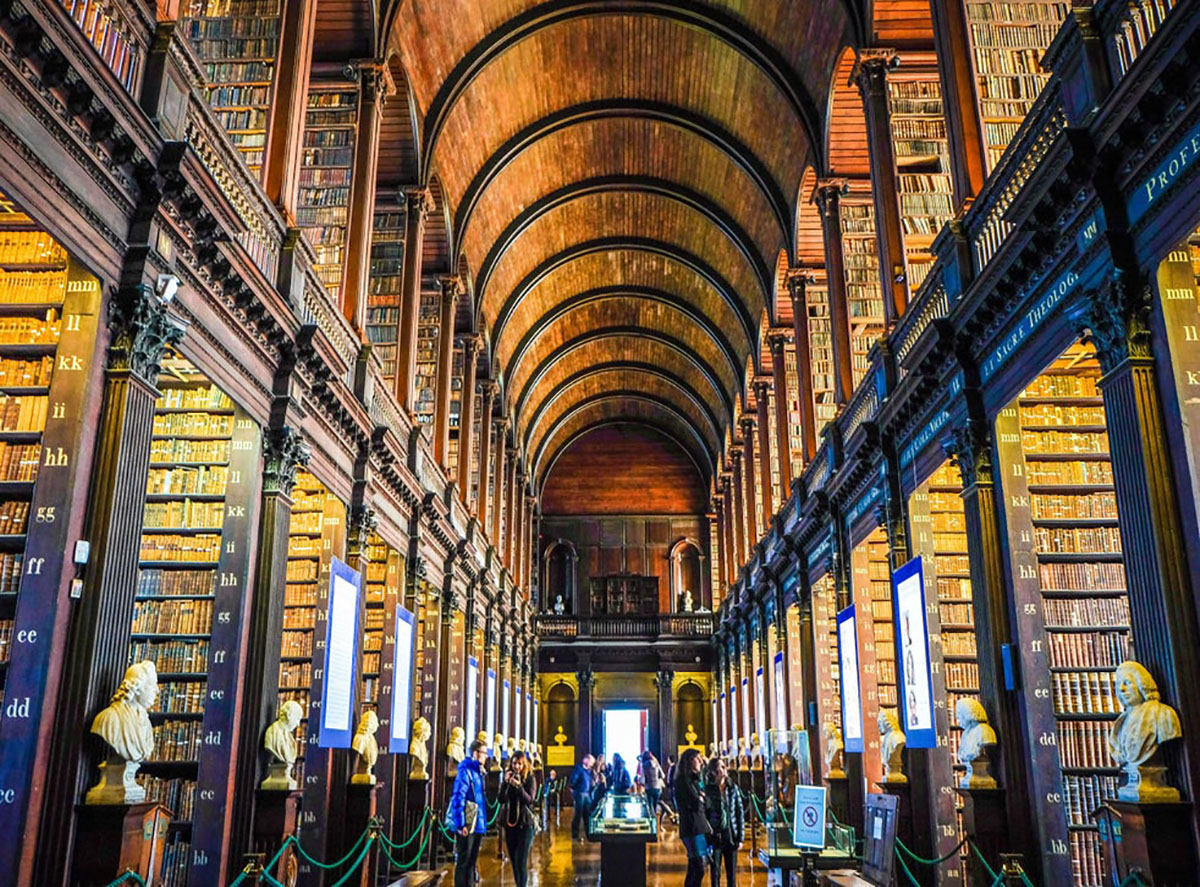 The magnificent Long Room in the Old Library at Trinity College, home of the Book of Kells