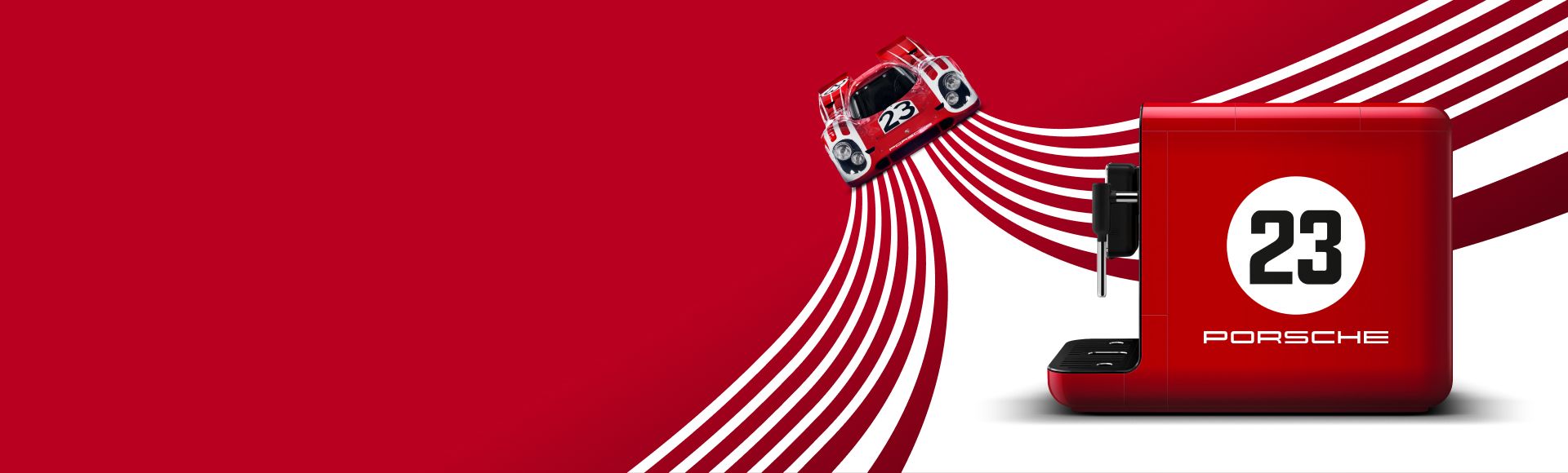 A dynamic and visually rich key visual set against a bold red background, created for the launch campaign of the Porsche X SMEG collaboration. The scene features the legendary Porsche 917 KH race car in its iconic Salzburg livery, entering dramatically from the left as it follows a graphically reimagined version of the Le Mans racetrack. The car is heading toward a SMEG appliance: a red Bean to Cup espresso machine, fully customized with Porsche 917 KH Salzburg livery elements, including the famous number 23. The composition celebrates speed, design, and heritage, blending motorsport excellence with premium home appliance aesthetics.