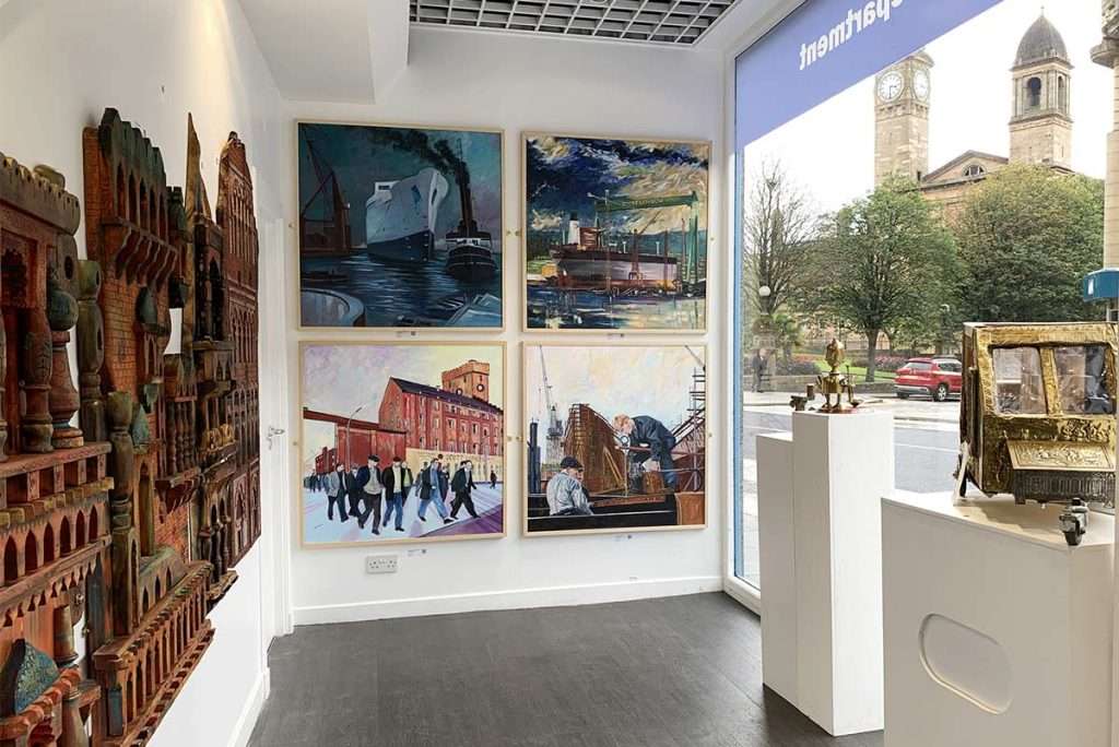 Clyde shipyard works by Robert Marshall in the Art Department window at the Big Art Show