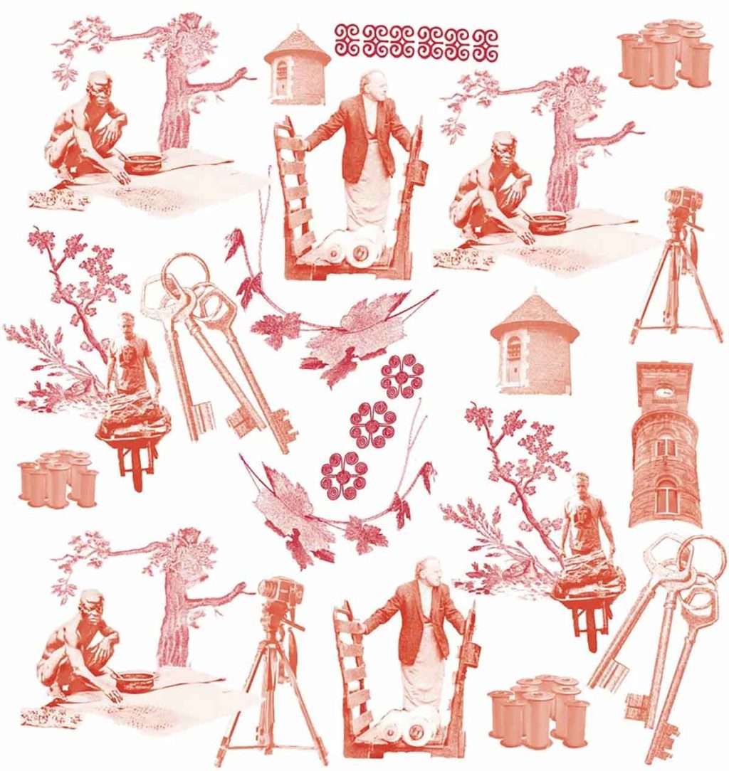 The repeat pattern of the wallpaper in Ingrid Pollard’s?'There Was Much Interruption' includes figures and items drawn from photographs taken by the artist in Sacy, Lancashire and Ghana.?