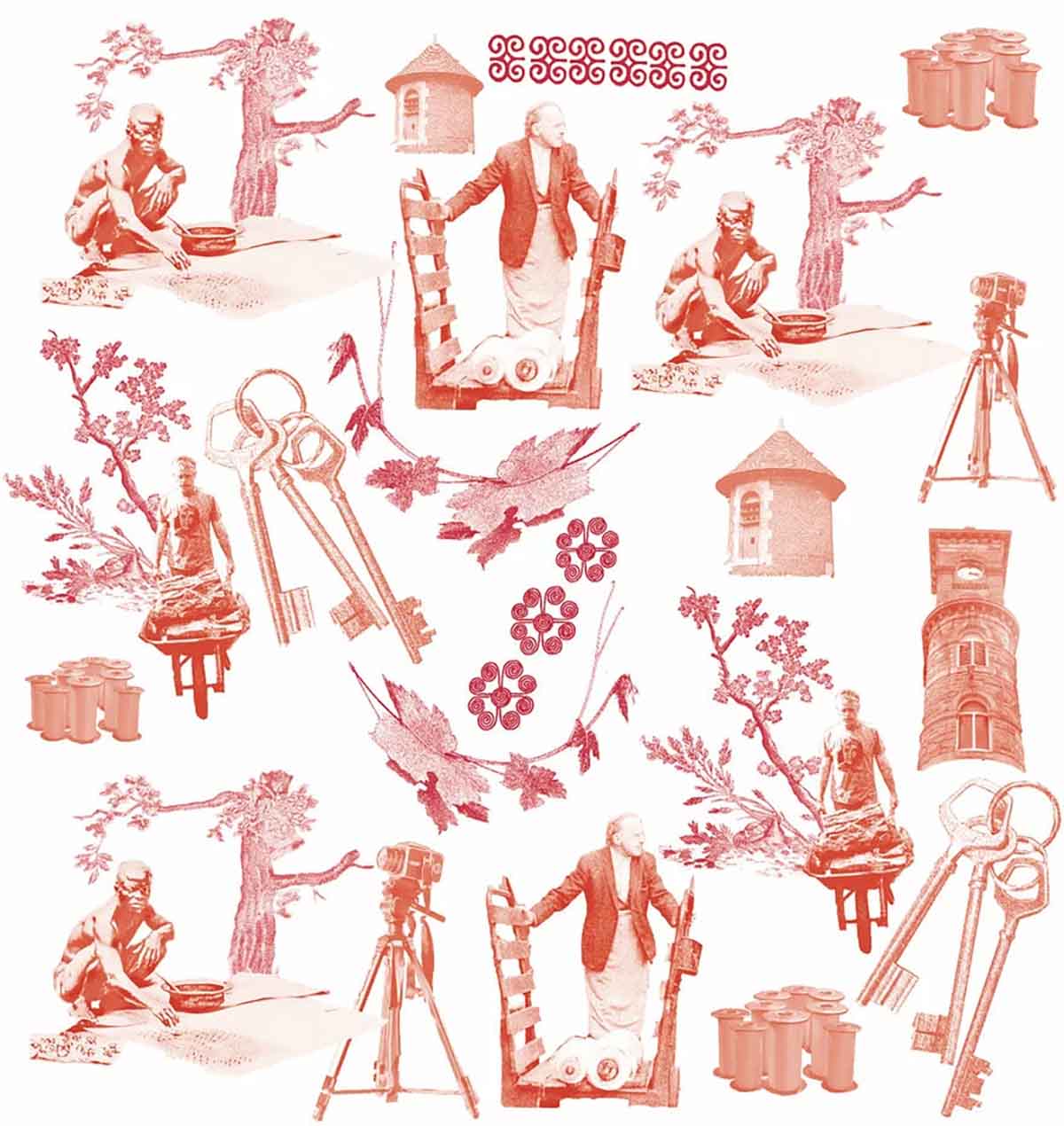 The repeat pattern of the wallpaper in Ingrid Pollard’s?'There Was Much Interruption' includes figures and items drawn from photographs taken by the artist in Sacy, Lancashire and Ghana.?