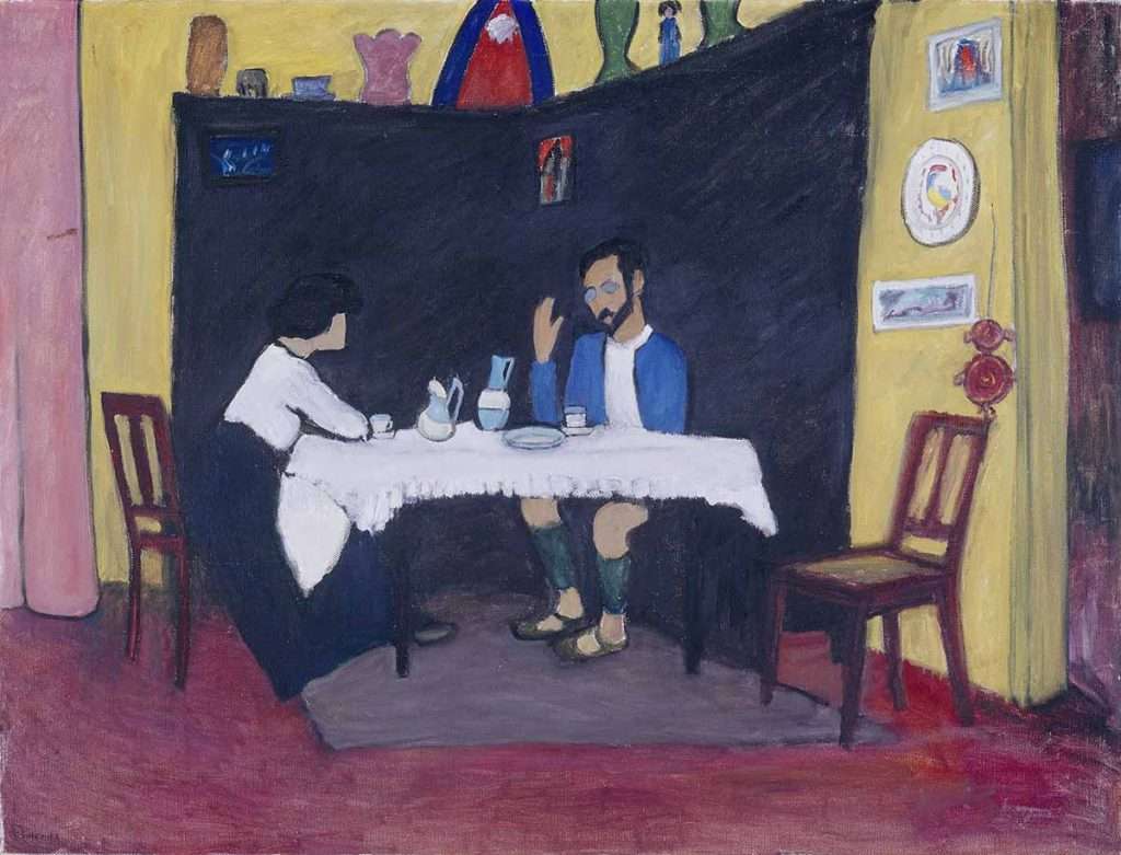Gabriele Münter, 'Kandinsky and Erma Bossi at the Table,' 1912. Lenbachhaus Munich, Donation Gabriele MÃ¼nter Â© DACS 2024