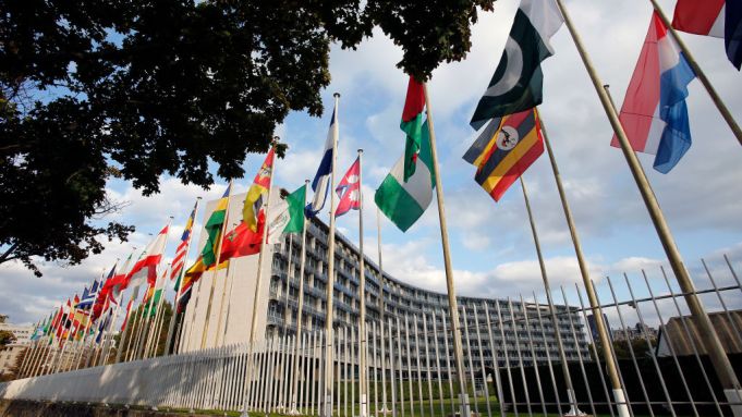 PARIS, FRANCE - OCTOBER 11:  Flags from several countries float in front of the headquarters of the United Nations Educational, Scientific and Cultural Organization (UNESCO) on October 11, 2017 in Paris, France. From this Monday, the 58 members of the Executive Board of Unesco will vote by secret ballot at the headquarters of the organization to elect their new Director General. Several ballots are scheduled and the name of the new Director General of UNESCO will be announced on November 10.  (Photo by Chesnot/Getty Images)