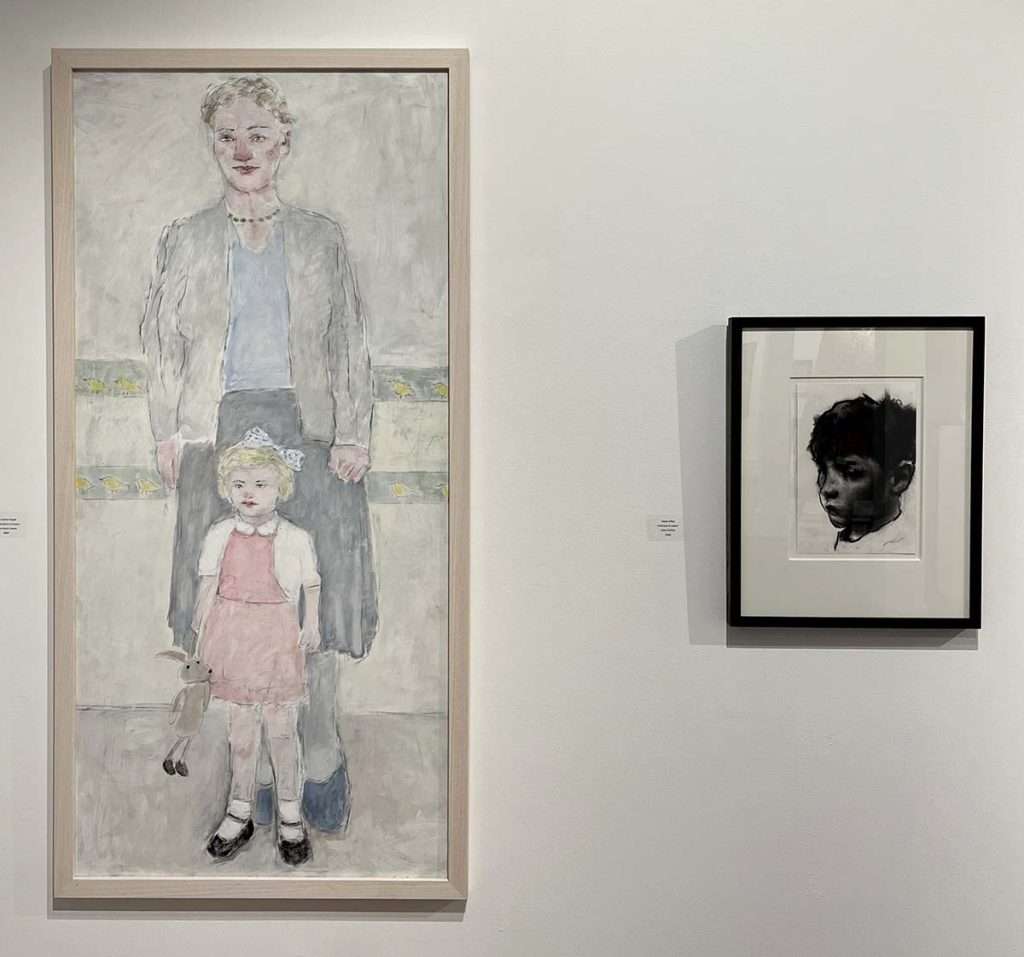 Joyce Gunn Cairns, ‘My Mother Myself’, oil and pencil on board, Kevin McFall, ‘Head of Boy’, charcoal on paper