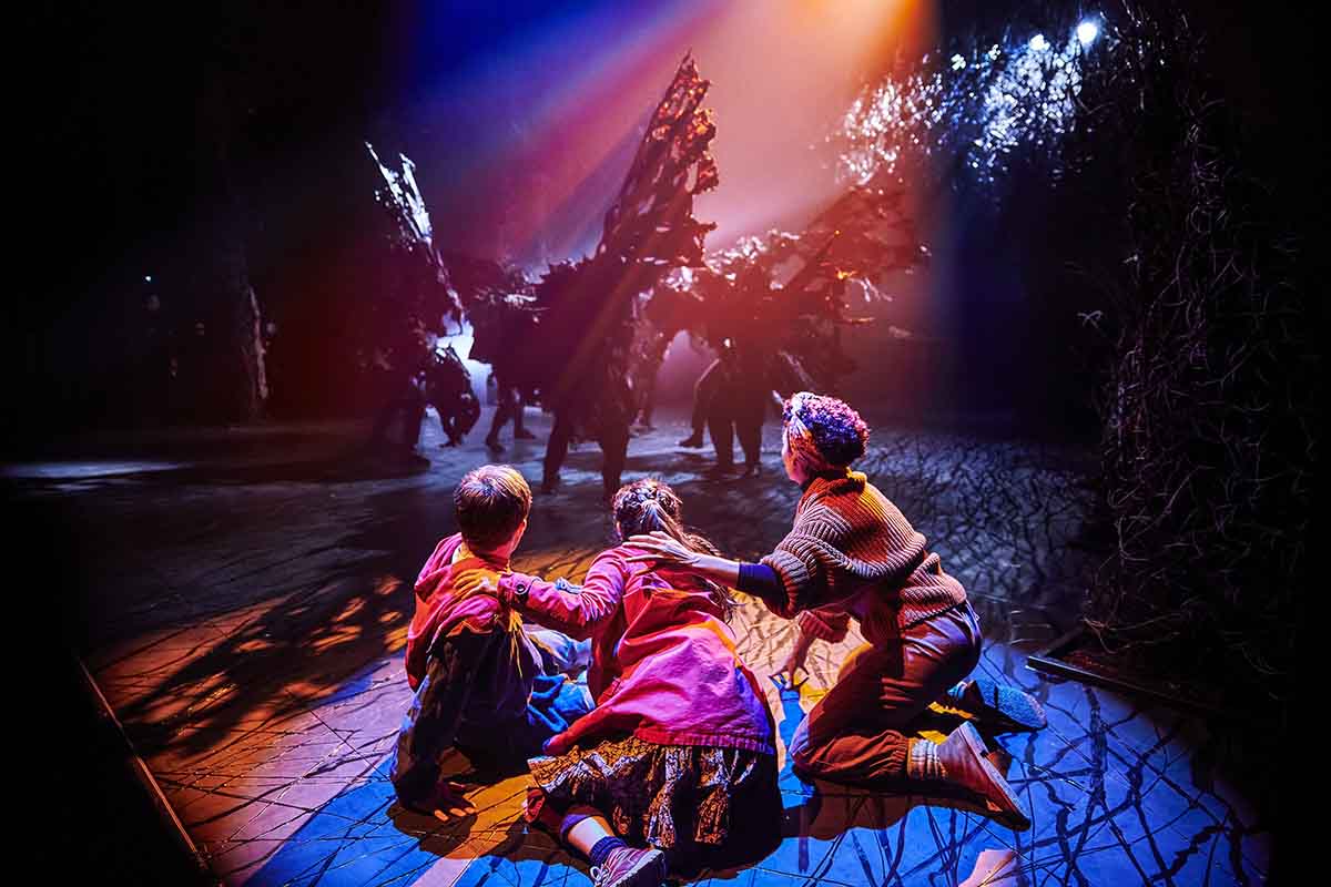 Keir Ogilvy (Boy), Millie Hikasa (Lettie), Kemi-Bo Jacobs (Ginnie) and the cast of The Ocean at the End of the Lane. Image Brinkhoff-Moegenburg