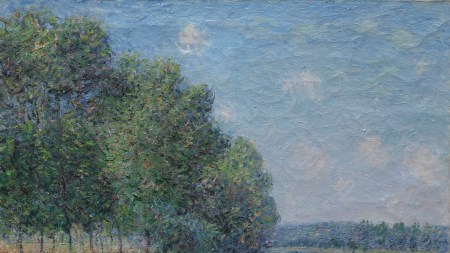 A painting of a riverside on a sunny day.