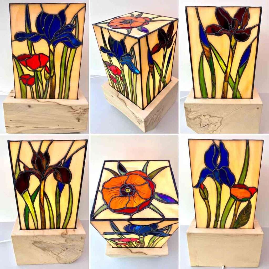 Leona Stewart, 'Glass, Iris & Poppies' table lamp, stained and fused glass