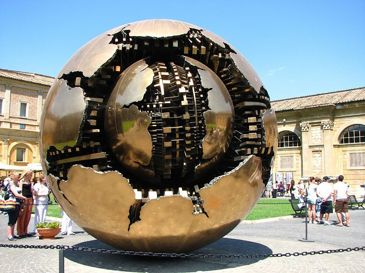 Arnaldo Pomodoro’s Sphere Within Sphere stands in the grounds of Trinity College.